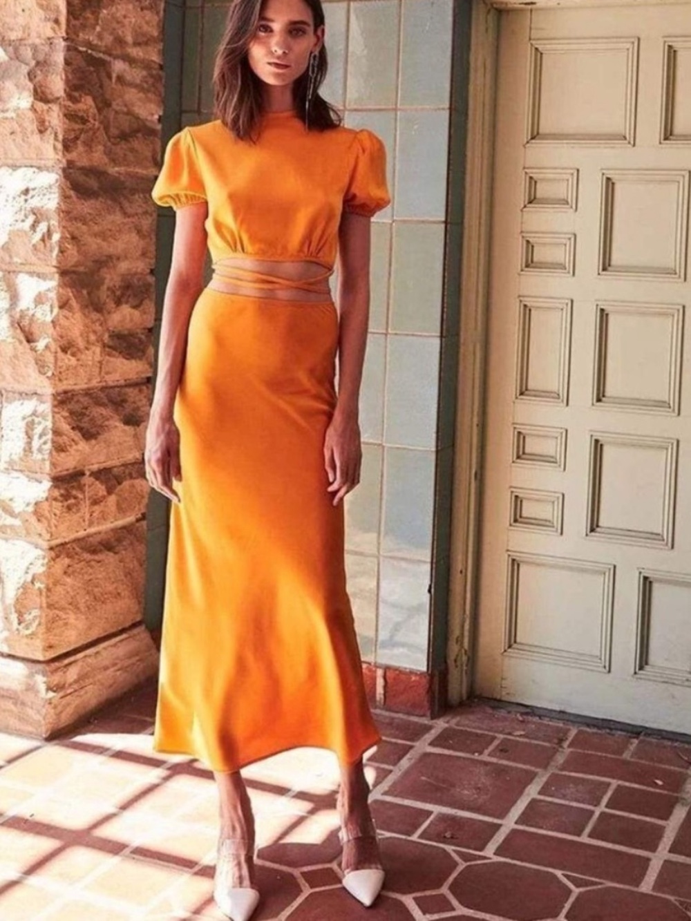 Women's Orange Satin Skirt Set with Puff Sleeve Top